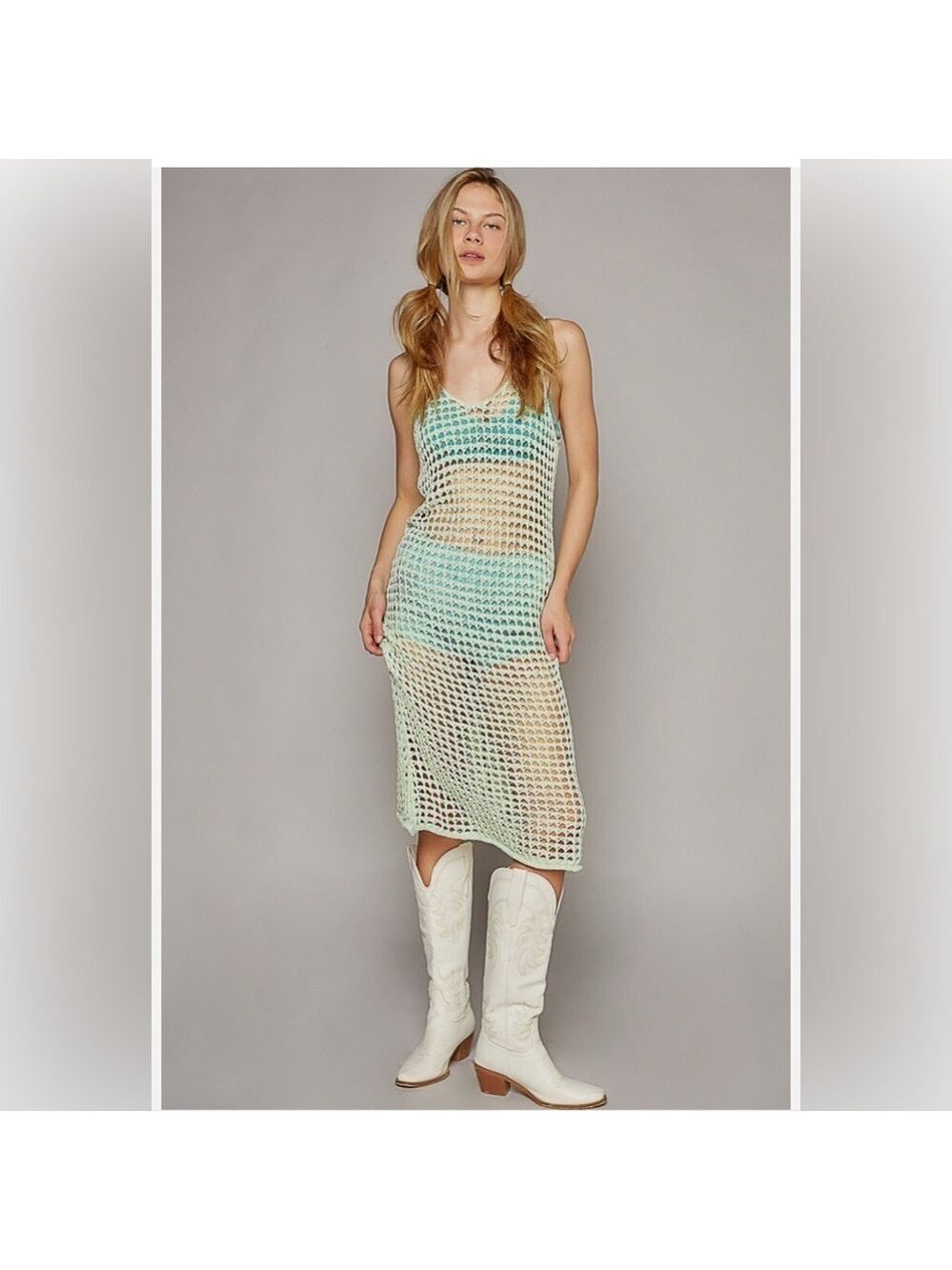 POL Sleeveless Crochet Cover Up Dress in Mint Green